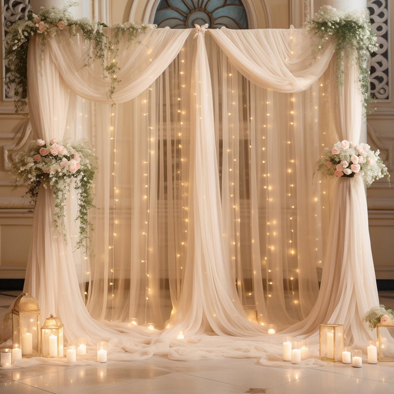 Shillance 10ft x 10ft Champagne Backdrop Curtain with Lights String for Parties, Sheer Wedding Photo Backdrops Drapes for Baby Shower Birthday Party Decorations Background for Photography - Image 1