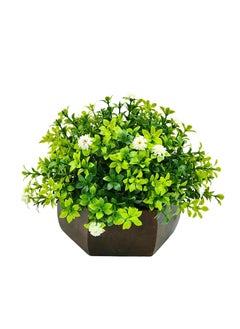 fancymart fancymart Artificial Flower Leaves in Wood Hexagon Pot White 14cm Height Home Office Decor Elegant Potted Plant for Tabletop Enhancement  - Image 1