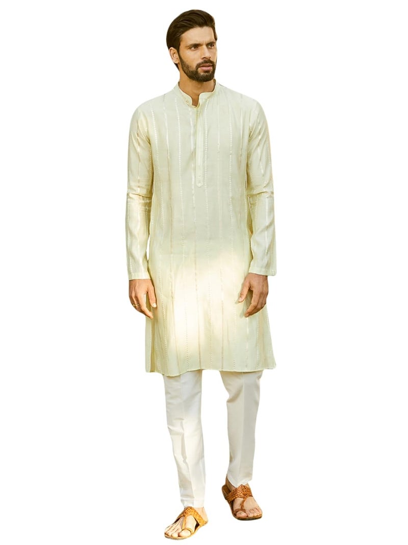 See Designs Men Full Sleeve Off White And Gold Chanderi Silk Sequins Mandarin Collar Side Slit Kurta With Pyjama - SDKT243601M - Image 1