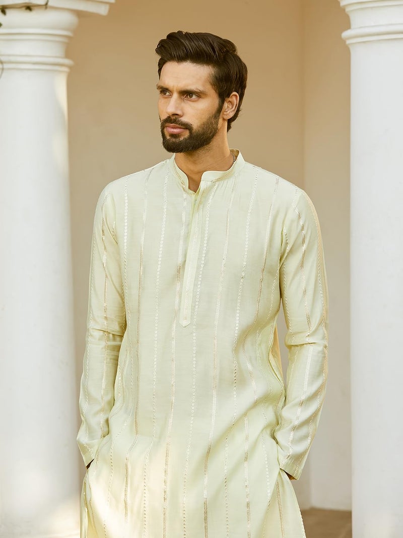 See Designs Men Full Sleeve Off White And Gold Chanderi Silk Sequins Mandarin Collar Side Slit Kurta With Pyjama - SDKT243601M - Image 3