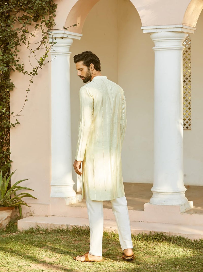 See Designs Men Full Sleeve Off White And Gold Chanderi Silk Sequins Mandarin Collar Side Slit Kurta With Pyjama - SDKT243601M - Image 4