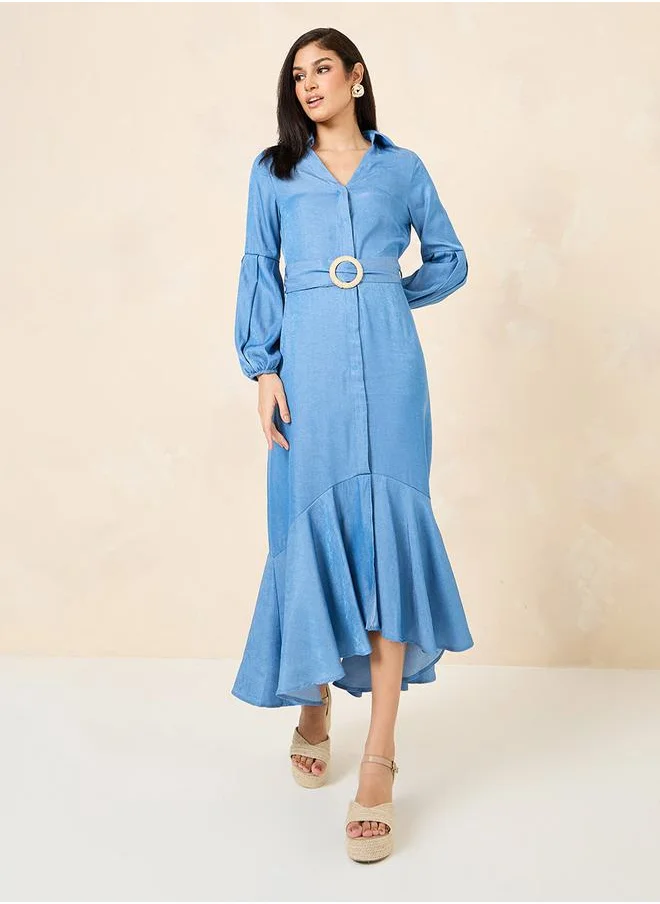 ستايلي Asymmetrical Ruffle Hem Belted Maxi Dress