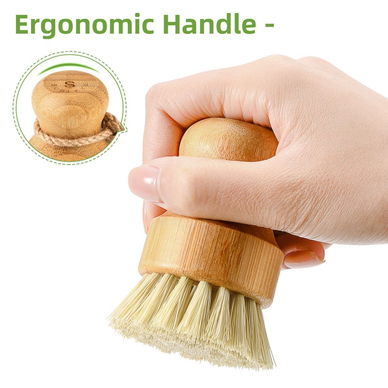 SUBEKYU Bamboo Dish Scrub Brushes,Kitchen Wooden Cleaning Scrubbers Set for Washing Cast Iron Pan/Pot, Natural Sisal Bristles, Set of 3 - Image 5