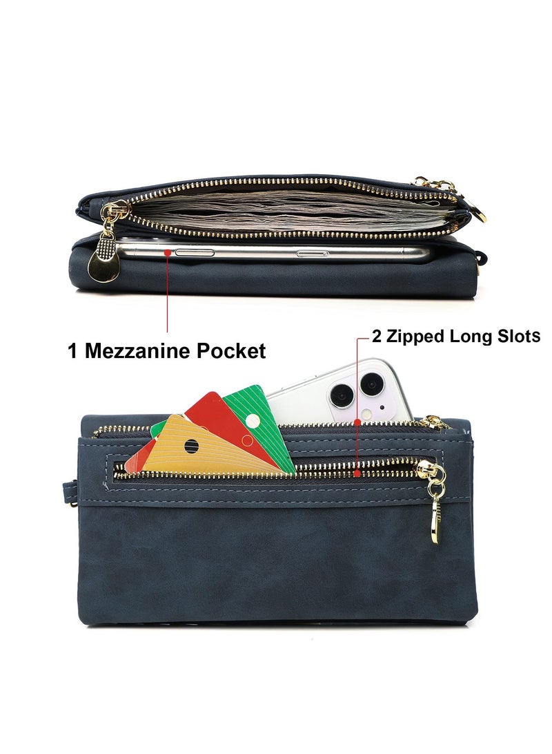 SYOSI Women's Soft Leather Wallet, Multiple Card Slots Purse, Large Capacity Clutch Bag with Zipper and Wrist Strap, Blue  - Image 5