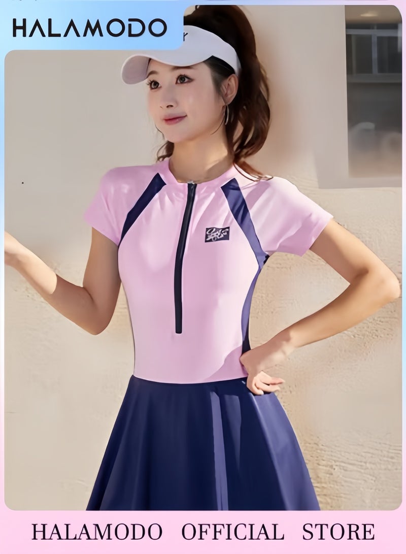 هالامودو ملابس سباحة نسائية من قطعة واحدة بأكمام قصيرة وسريعة الجفاف ملابس سباحة محافظة ملابس شاطئ ملابس سباحة بدلات رياضية بدلة سباحة مكشوفة الظهر - Image 1