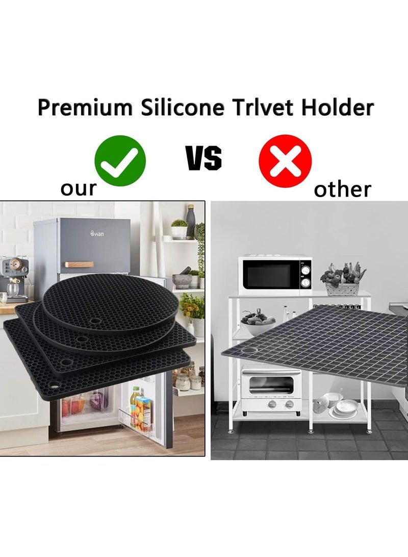 MJZ 4 Pieces Silicone Trivet Pot Mat, Silicone Pot Holders for Hot Pan and Pot Pads, Heat Resistant Counter Mats for Tables Placemats,Countertops, Spoon Rest and Large Coasters, Black(2 Squared + 2 Round) - Image 4