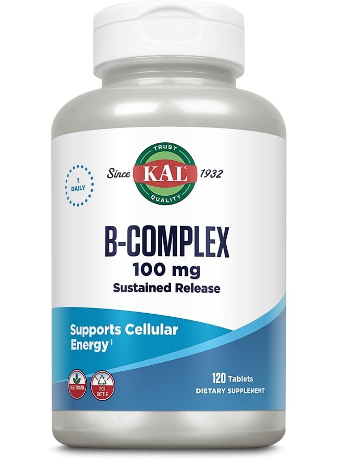 KAL B-100 Complex - Sustained Release Vitamin B Complex - Healthy Energy Support with Natural Support Base and Fresh Minty Coating - Vegetarian - 60 Day Guarantee - 120 Servings, 120 Tablets - Image 1