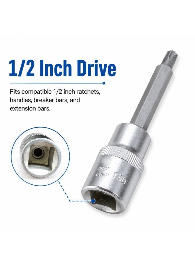 T30 Torx Bit Socket 1/2 Inch Drive, 4 Inch Long CR-V Metal Star Socket Tool For Ratchet, Car Repair, Workshop & DIY Maintenance - Image 2