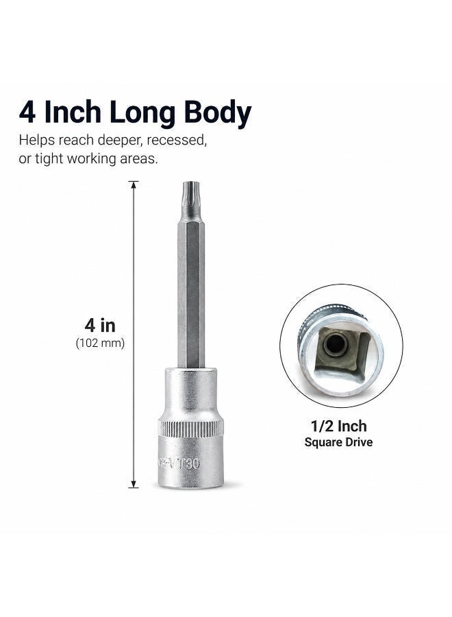 T30 Torx Bit Socket 1/2 Inch Drive, 4 Inch Long CR-V Metal Star Socket Tool For Ratchet, Car Repair, Workshop & DIY Maintenance - Image 3