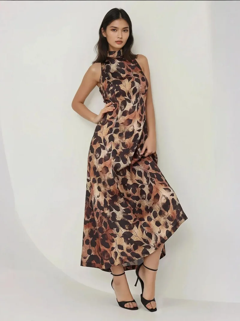 زوبعة فستان ماكسي بياقة هالتر مطبوع