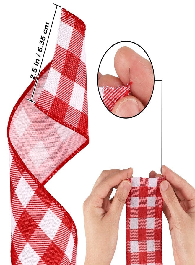 Whaline 2 Rolls Plaid Wired Edge Ribbons Buffalo Check Plaids Ribbon Red White 2.5 Inch Farmhouse Craft Ribbon for DIY Gift Wrapping Wreath Christmas Tree Bow Decoration, 10 Yards - Image 2