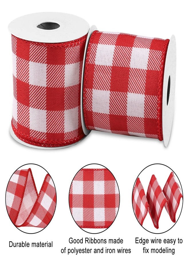 Whaline 2 Rolls Plaid Wired Edge Ribbons Buffalo Check Plaids Ribbon Red White 2.5 Inch Farmhouse Craft Ribbon for DIY Gift Wrapping Wreath Christmas Tree Bow Decoration, 10 Yards - Image 3