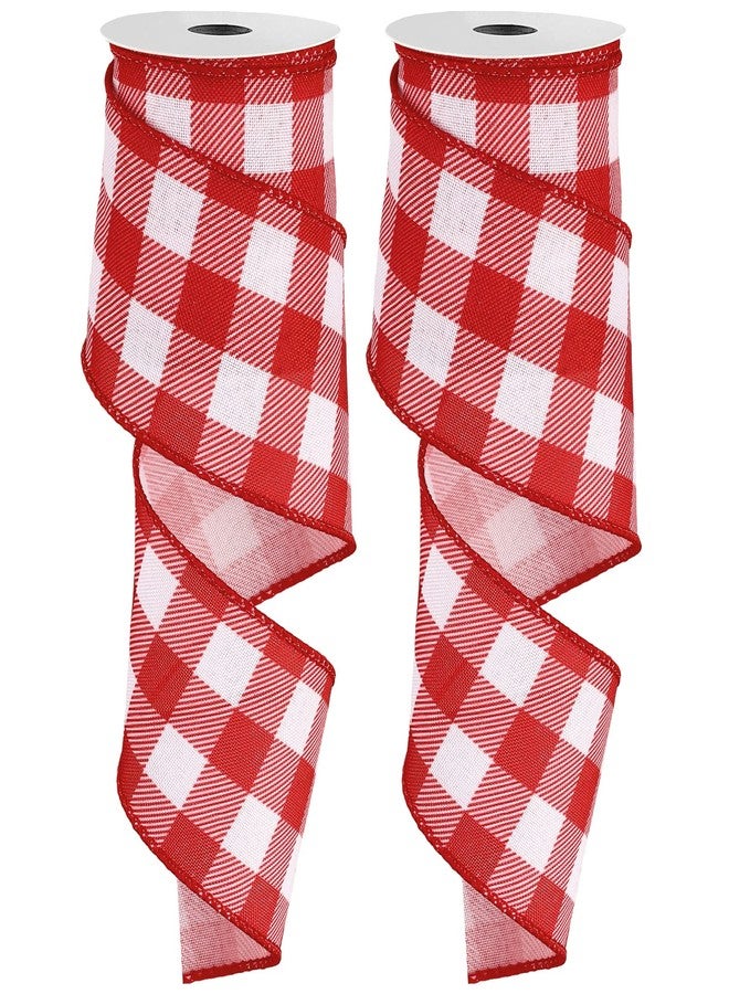 Whaline 2 Rolls Plaid Wired Edge Ribbons Buffalo Check Plaids Ribbon Red White 2.5 Inch Farmhouse Craft Ribbon for DIY Gift Wrapping Wreath Christmas Tree Bow Decoration, 10 Yards - Image 1