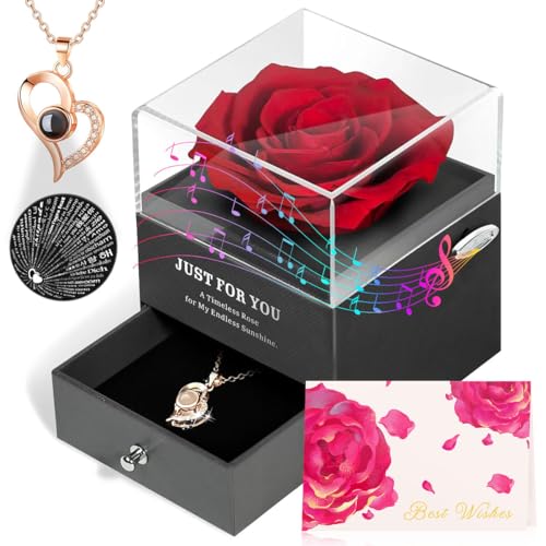 ADDWel Preserved Rose Gifts for Mom Birthday – Forever Real Rose Music Box for Women – You are My Sunshine Gifts for Mom Grandma Wife Girlfriend – Eternal Roses Musical Box with I Love You Necklace - Image 1