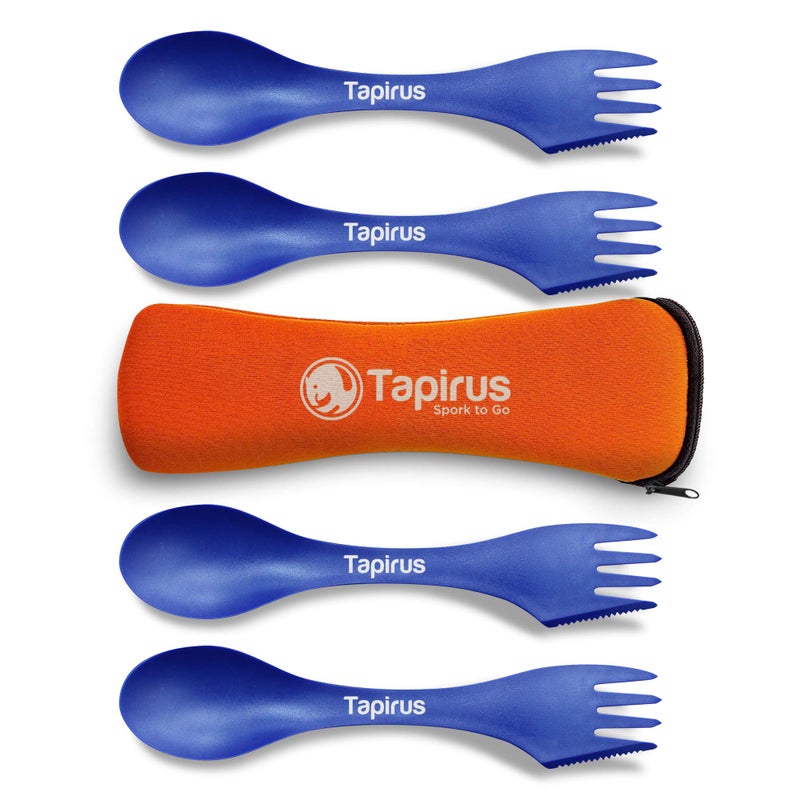 Tapirus  4 Blue Spork to Go Set  7inch Durable  BPA Free Sporks  Spoon Fork and Knife Combo Utensils Flatware  Mess Kit for Camping Hunting and Outdoor Activities  Comes in a Carrying Case