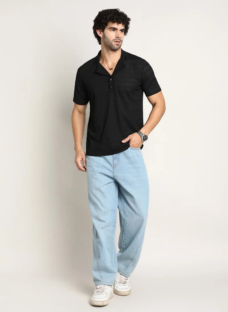 Campus Sutra Campus Sutra Men's Onyx Black Panel-Tactile Cuban Polo T-Shirt For Casual Wear | Polo Neck | Short Cuffed Sleeves | Half-Button Closure | T-Shirt Crafted With Comfort Fit For Everyday Wear