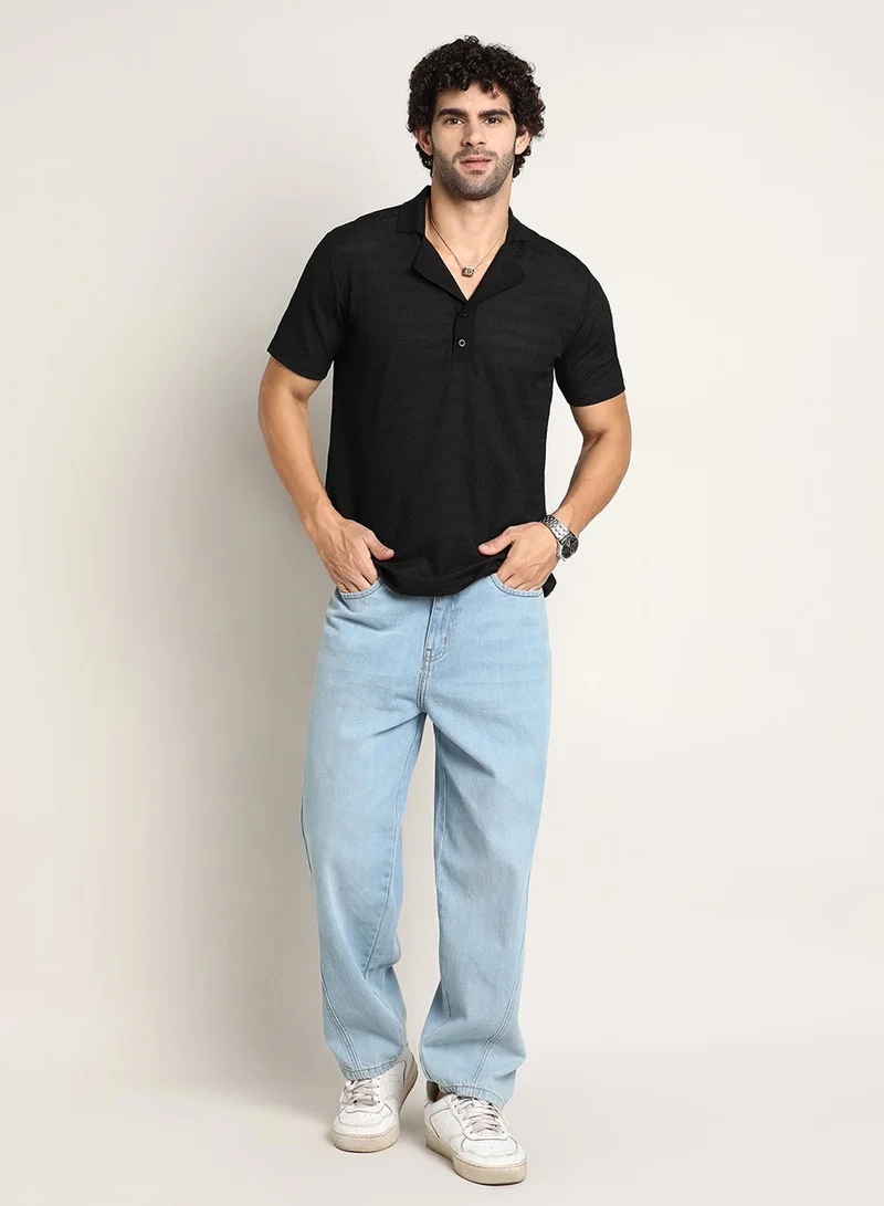 Campus Sutra Campus Sutra Men's Onyx Black Panel-Tactile Cuban Polo T-Shirt For Casual Wear | Polo Neck | Short Cuffed Sleeves | Half-Button Closure | T-Shirt Crafted With Comfort Fit For Everyday Wear