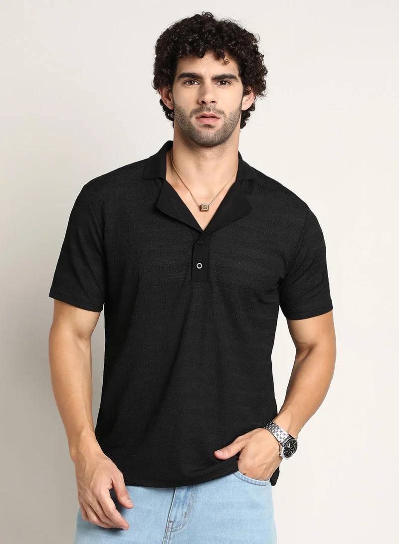 Campus Sutra Campus Sutra Men's Onyx Black Panel-Tactile Cuban Polo T-Shirt For Casual Wear | Polo Neck | Short Cuffed Sleeves | Half-Button Closure | T-Shirt Crafted With Comfort Fit For Everyday Wear