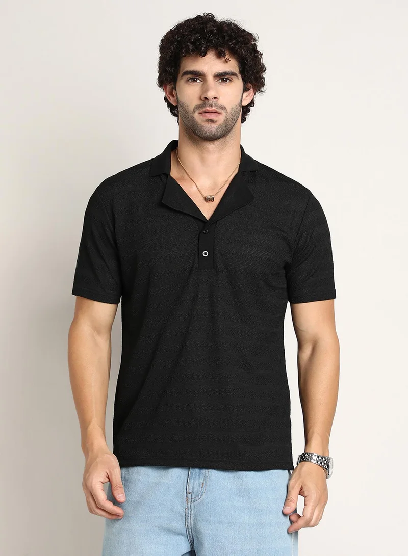 Campus Sutra Campus Sutra Men's Onyx Black Panel-Tactile Cuban Polo T-Shirt For Casual Wear | Polo Neck | Short Cuffed Sleeves | Half-Button Closure | T-Shirt Crafted With Comfort Fit For Everyday Wear