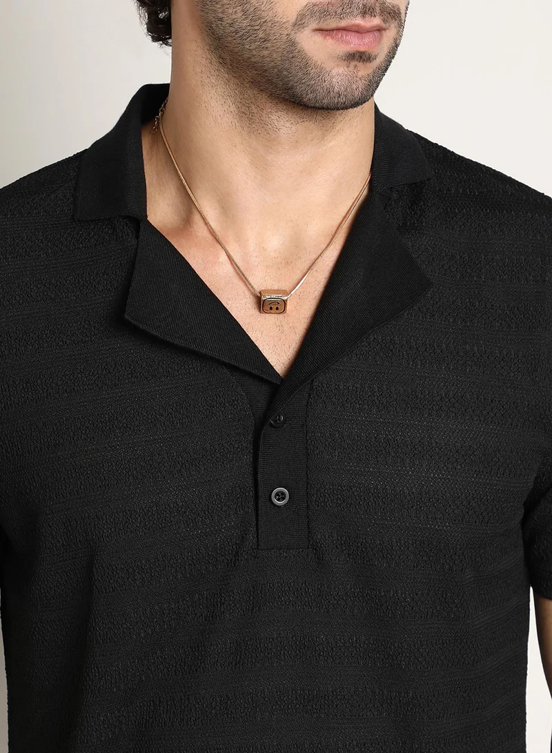 Campus Sutra Campus Sutra Men's Onyx Black Panel-Tactile Cuban Polo T-Shirt For Casual Wear | Polo Neck | Short Cuffed Sleeves | Half-Button Closure | T-Shirt Crafted With Comfort Fit For Everyday Wear