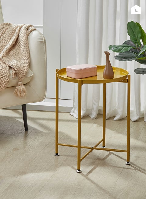 Golden Table - 44x44x50cm - Round Metal Accent Table with Adjustable Non-Slip Feet, Scratch-Resistant Tray, and Lightweight Design - Ideal for Living Room, Bedroom, Office, Kitchen, or Balcony Use