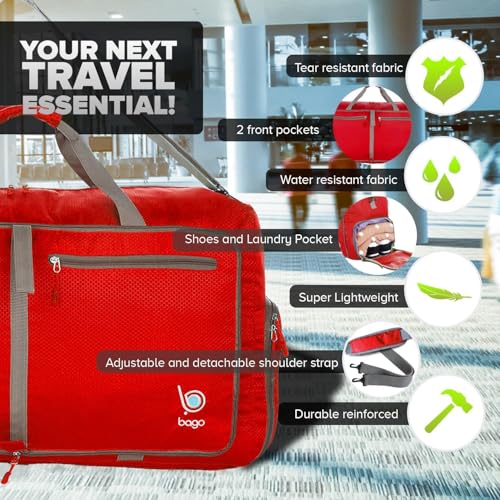 Bago Large Foldable Duffel Bags for Traveling Women & Men - 80L Packable Duffle Bag for Travel with Shoe Compartment - Water Repellant, Heavy Duty, Lightweight Folding & Collapsible (Red) - Image 4
