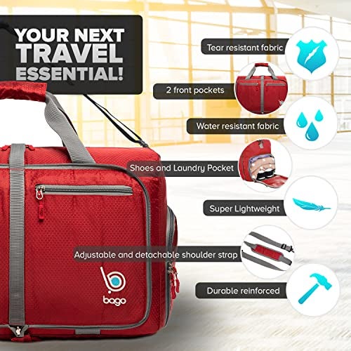 Bago Large Foldable Duffel Bags for Traveling Women & Men - 80L Packable Duffle Bag for Travel with Shoe Compartment - Water Repellant, Heavy Duty, Lightweight Folding & Collapsible (Red) - Image 3