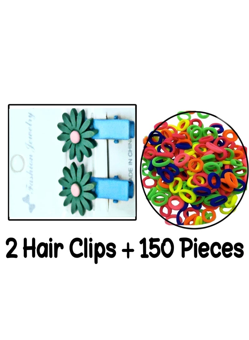 Set of 150 Girly colorful elastic hair bobbles ties and 2 hair clips - Image 1