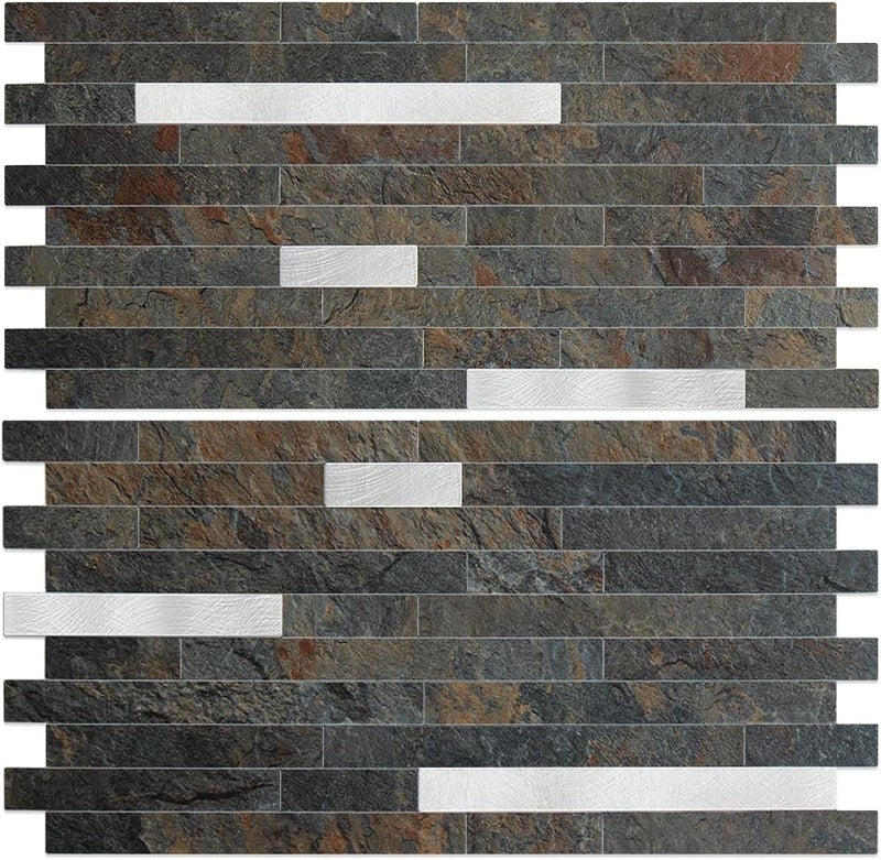 AULIGET 20 Sheets Rust Slate Peel and Stick Backsplash, PVC Mixed Metal Silver Wall Tile Stick on Backsplash for Kitchen and Bathroom - Image 1