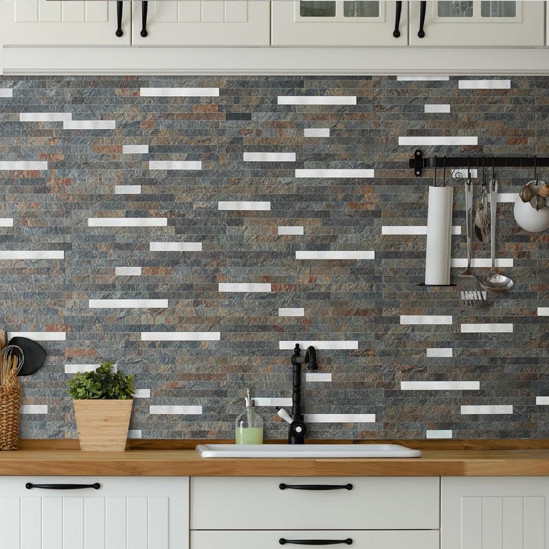 AULIGET 20 Sheets Rust Slate Peel and Stick Backsplash, PVC Mixed Metal Silver Wall Tile Stick on Backsplash for Kitchen and Bathroom - Image 2
