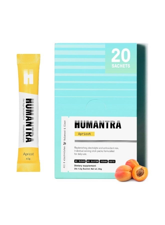 Humantra Electrolyte Hydration Drink Powder Apricot Flavor 20 Sachets | Sugar Free Vegan Electrolyte Supplement with Vitamin C B12 Zinc | Caffeine Free Hydration Mix - Image 1