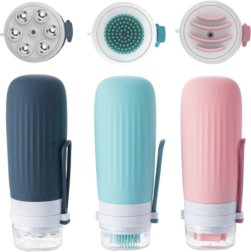 COZILIFE 3-in-1 Facial Body Brush Bottle, Exfoliating and Facial-Lifting Scrub Bottle and Acupoint Massage Roller Bottle, 50ml/100ml, Leak Proof Travel Toiletries and Liquid Container (100 ml) 