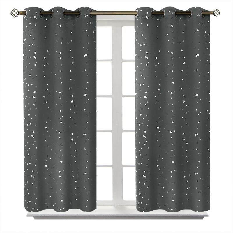 BGment الستائر Bragge Kids Blackout لغرفة النوم - Grommet حراري معزول الفضة النجمة طباعة الستائر الستائر لتناول مجموعة غرفة المعيشة من 2 لوحات (42 × 45 بوصة رمادية داكنة) - Image 1