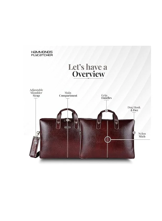 Hammonds Flycatcher  Genuine Leather Office Bag for Men - 15.6 Inch Laptop Bag for Men for Professionals, Business Travelers - Adjustable Straps & Multiple Compartments - CROC BROWN  | Best Price UAE