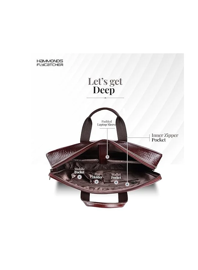 Hammonds Flycatcher  Genuine Leather Office Bag for Men - 15.6 Inch Laptop Bag for Men for Professionals, Business Travelers - Adjustable Straps & Multiple Compartments - CROC BROWN  | Best Price UAE