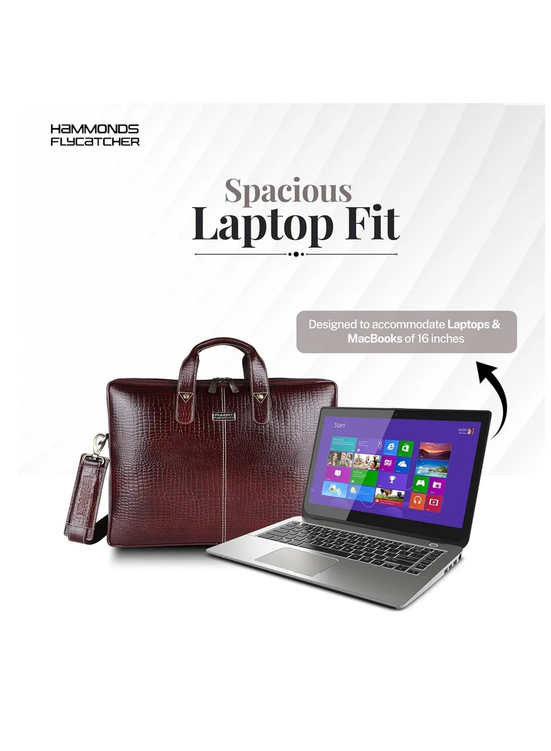Hammonds Flycatcher  Genuine Leather Office Bag for Men - 15.6 Inch Laptop Bag for Men for Professionals, Business Travelers - Adjustable Straps & Multiple Compartments - CROC BROWN  | Best Price UAE