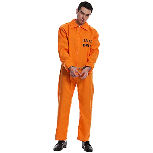 PGOND Men Prisoner Costume Inmate Jumpsuit Adult Orange Jail Halloween Cosstume - Image 1
