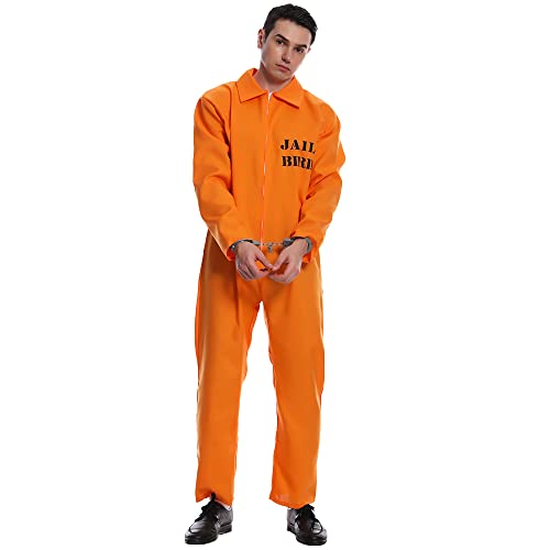 PGOND Men Prisoner Costume Inmate Jumpsuit Adult Orange Jail Halloween Cosstume - Image 2