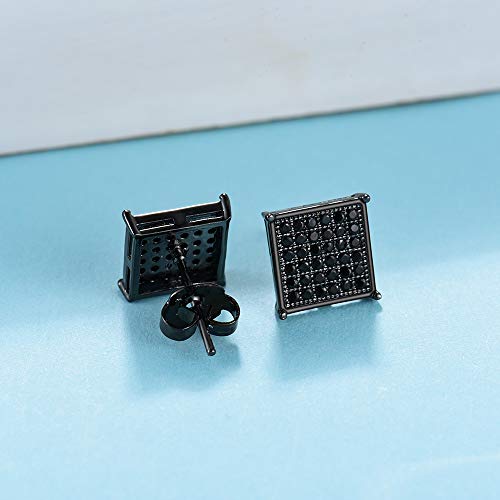 Tarsus Mens Square Earrings Black Stud Diamond Crystal Big 316L Surgical Stainless Steel Post for Sensitive Ear Cool Guy Jewelry Gift Men, Women Unisex 9.5mm -Tarsus - Image 2