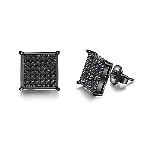 Tarsus Mens Square Earrings Black Stud Diamond Crystal Big 316L Surgical Stainless Steel Post for Sensitive Ear Cool Guy Jewelry Gift Men, Women Unisex 9.5mm -Tarsus - Image 1
