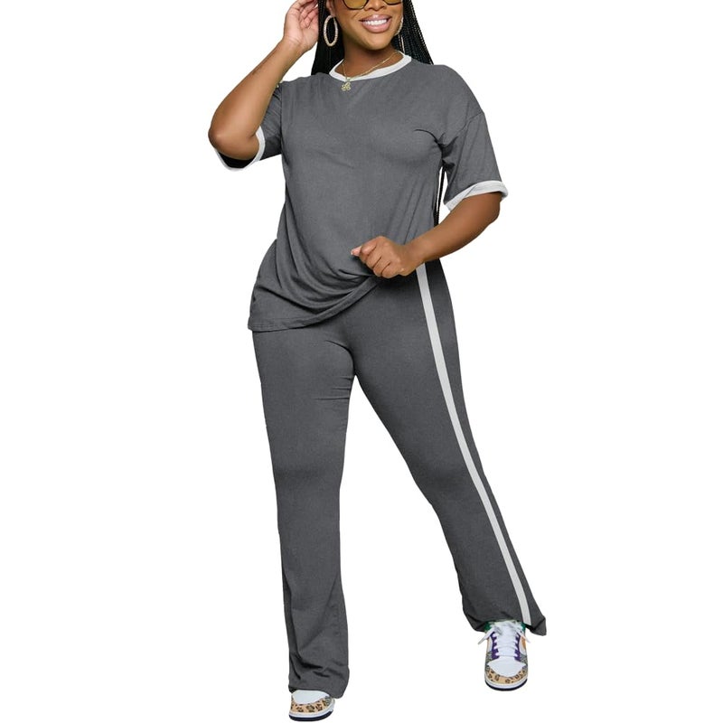 PINSV 2 Piece Sets for Women Summer Casual Short Sleeve Top and Flare Pants Lounge Sets Grey L - Image 2