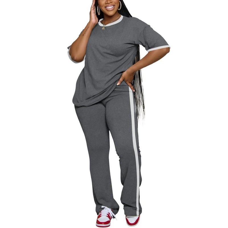 PINSV 2 Piece Sets for Women Summer Casual Short Sleeve Top and Flare Pants Lounge Sets Grey L - Image 5