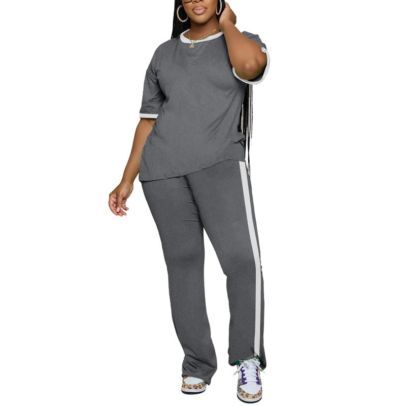 PINSV 2 Piece Sets for Women Summer Casual Short Sleeve Top and Flare Pants Lounge Sets Grey L - Image 3