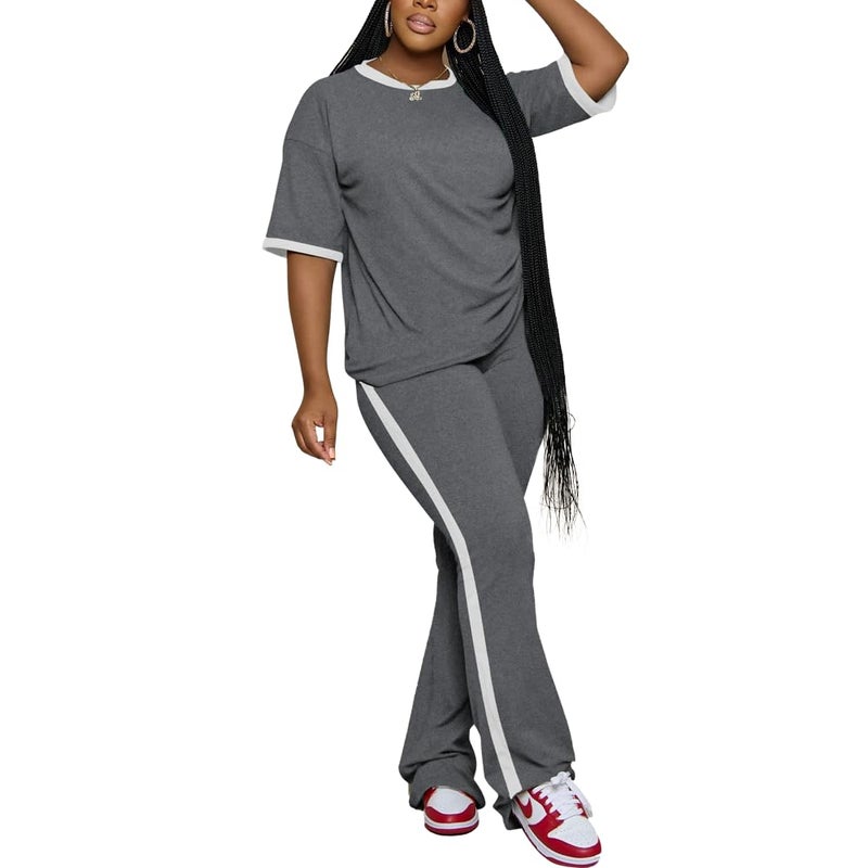 PINSV 2 Piece Sets for Women Summer Casual Short Sleeve Top and Flare Pants Lounge Sets Grey L - Image 1
