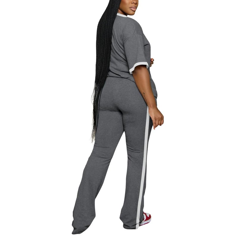 PINSV 2 Piece Sets for Women Summer Casual Short Sleeve Top and Flare Pants Lounge Sets Grey L - Image 4