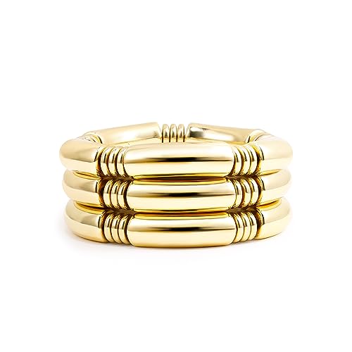 Badu 3pcs Gold Chunky Bangles Bracelets For Women 14k Gold Plated Stack Layered Curved Bamboo Tube Stretch Bracelets Gift Jewelry - Image 1