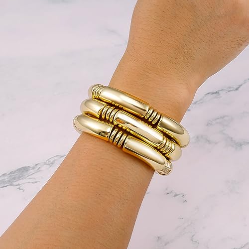 Badu 3pcs Gold Chunky Bangles Bracelets For Women 14k Gold Plated Stack Layered Curved Bamboo Tube Stretch Bracelets Gift Jewelry - Image 3