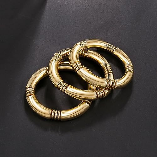 Badu 3pcs Gold Chunky Bangles Bracelets For Women 14k Gold Plated Stack Layered Curved Bamboo Tube Stretch Bracelets Gift Jewelry - Image 4