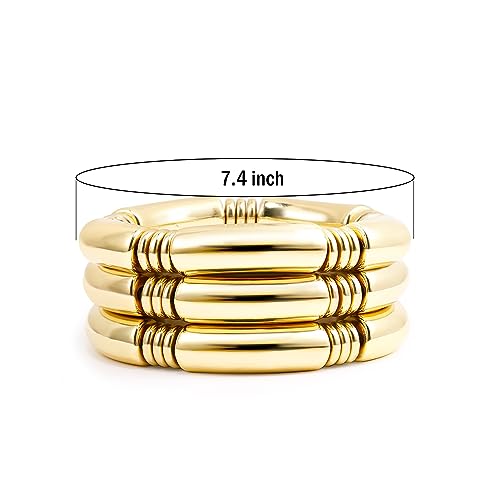 Badu 3pcs Gold Chunky Bangles Bracelets For Women 14k Gold Plated Stack Layered Curved Bamboo Tube Stretch Bracelets Gift Jewelry - Image 2