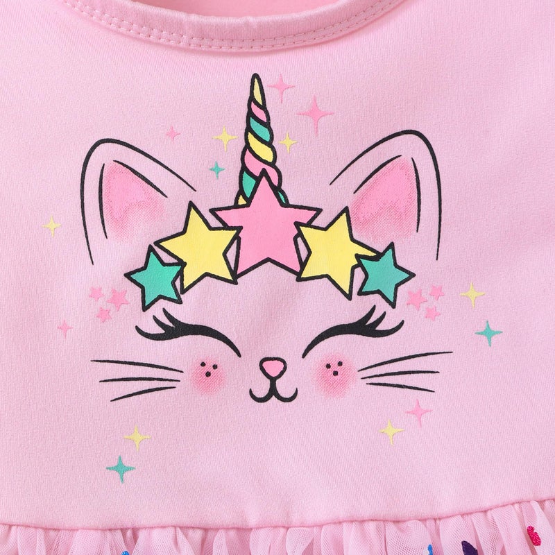 Akyzic Toddler Girls Sequin Rainbow Dress Cat Print Tutu Party Unicorn Birthday Pink Tulle Dress 5T - Image 5